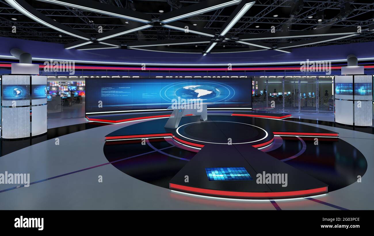 Virtual TV Studio News Set 31. Green screen background. 3d Rendering