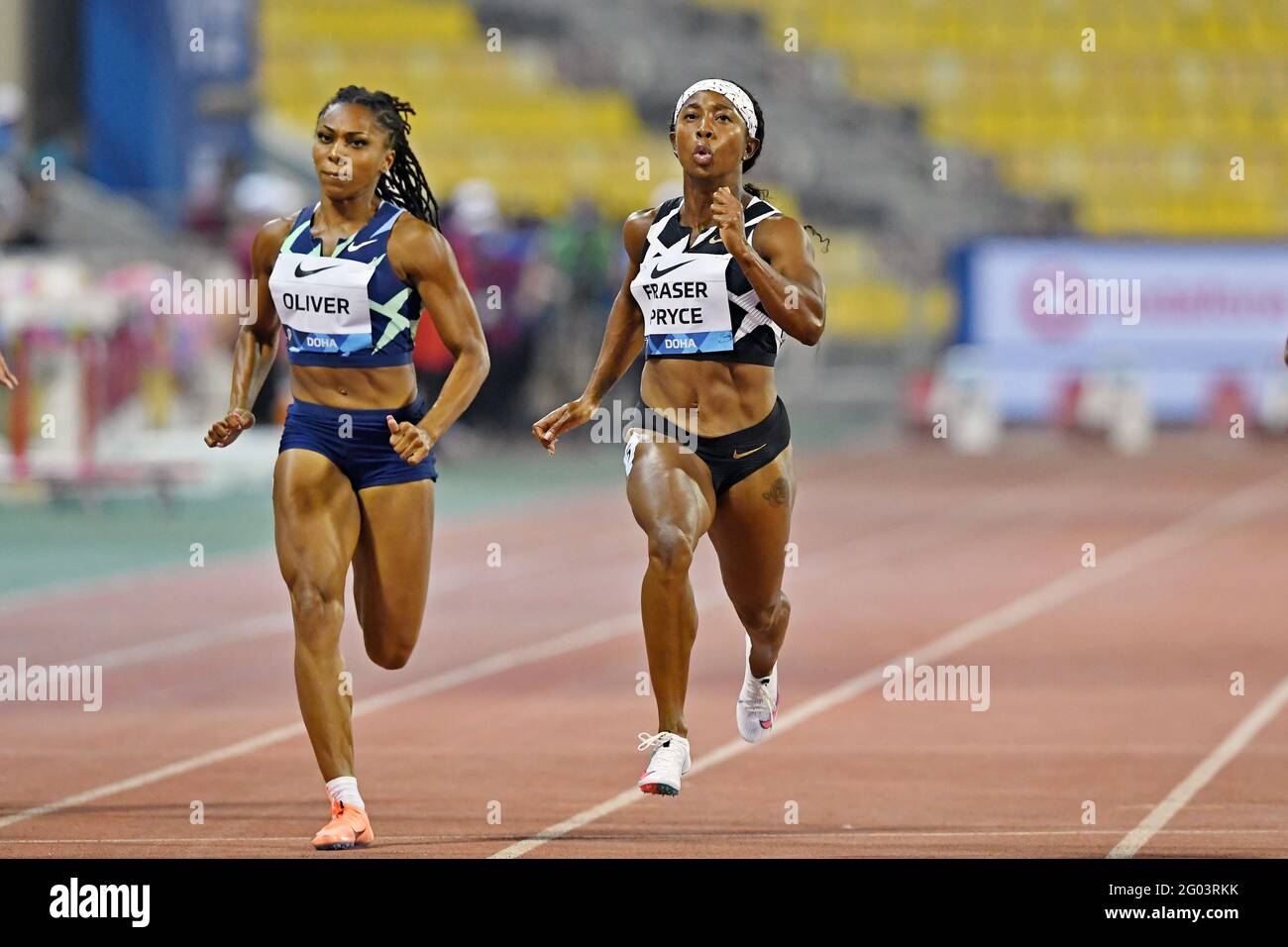 Doha, Qatar. 28th May, 2021. Shelly-Ann Fraser-Pryce (JAM), right ...