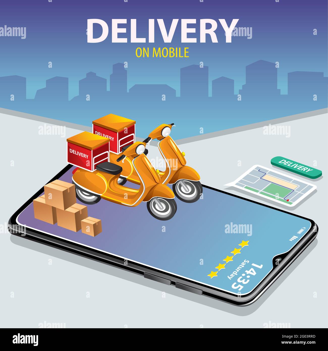 Fast delivery by scooter on mobile. E-commerce concept. Online food order infographic. Webpage, app design. Grey and blue background. Stock Vector