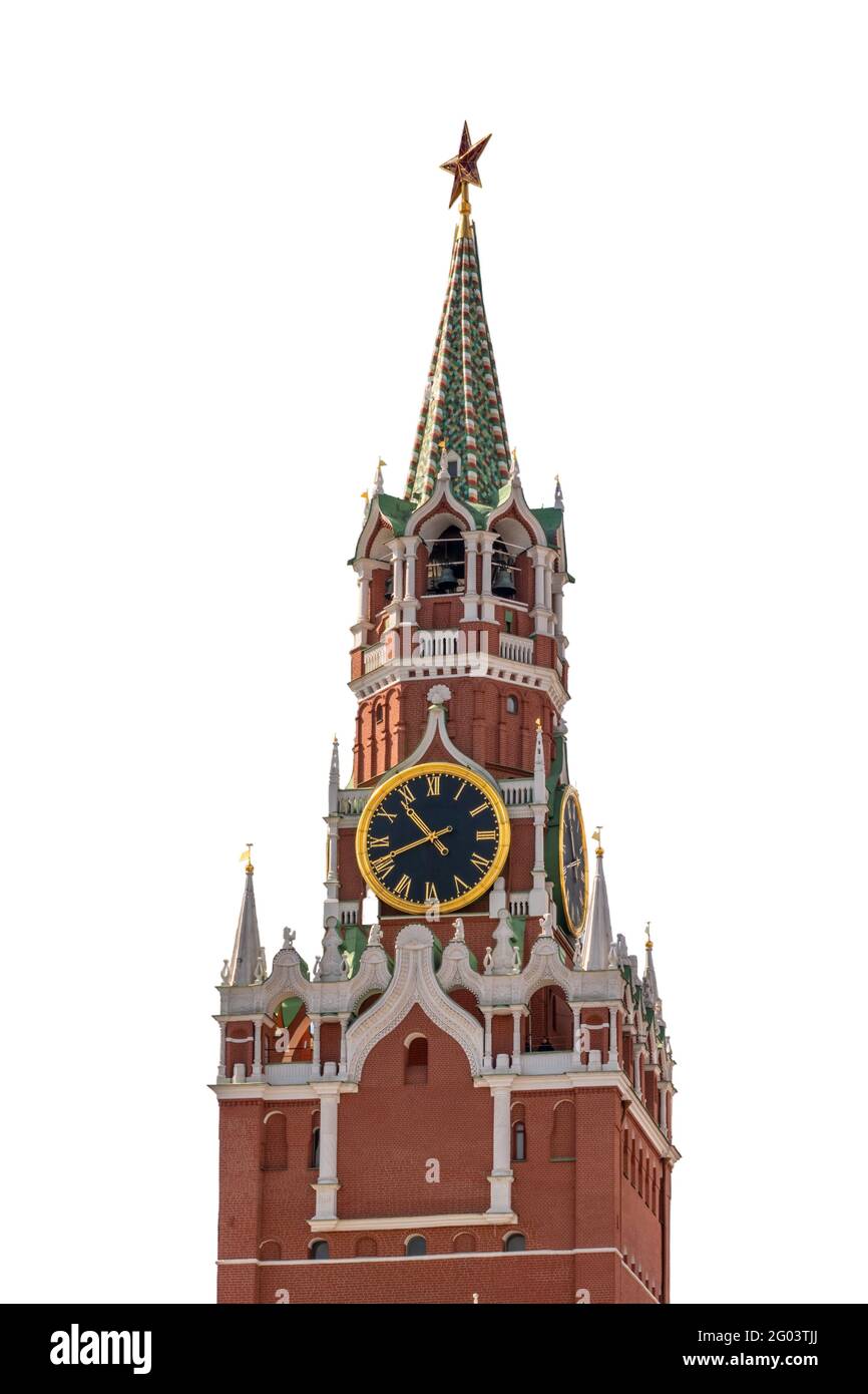 Spasskaya Tower of Moscow Kremlin isolated on white background. The