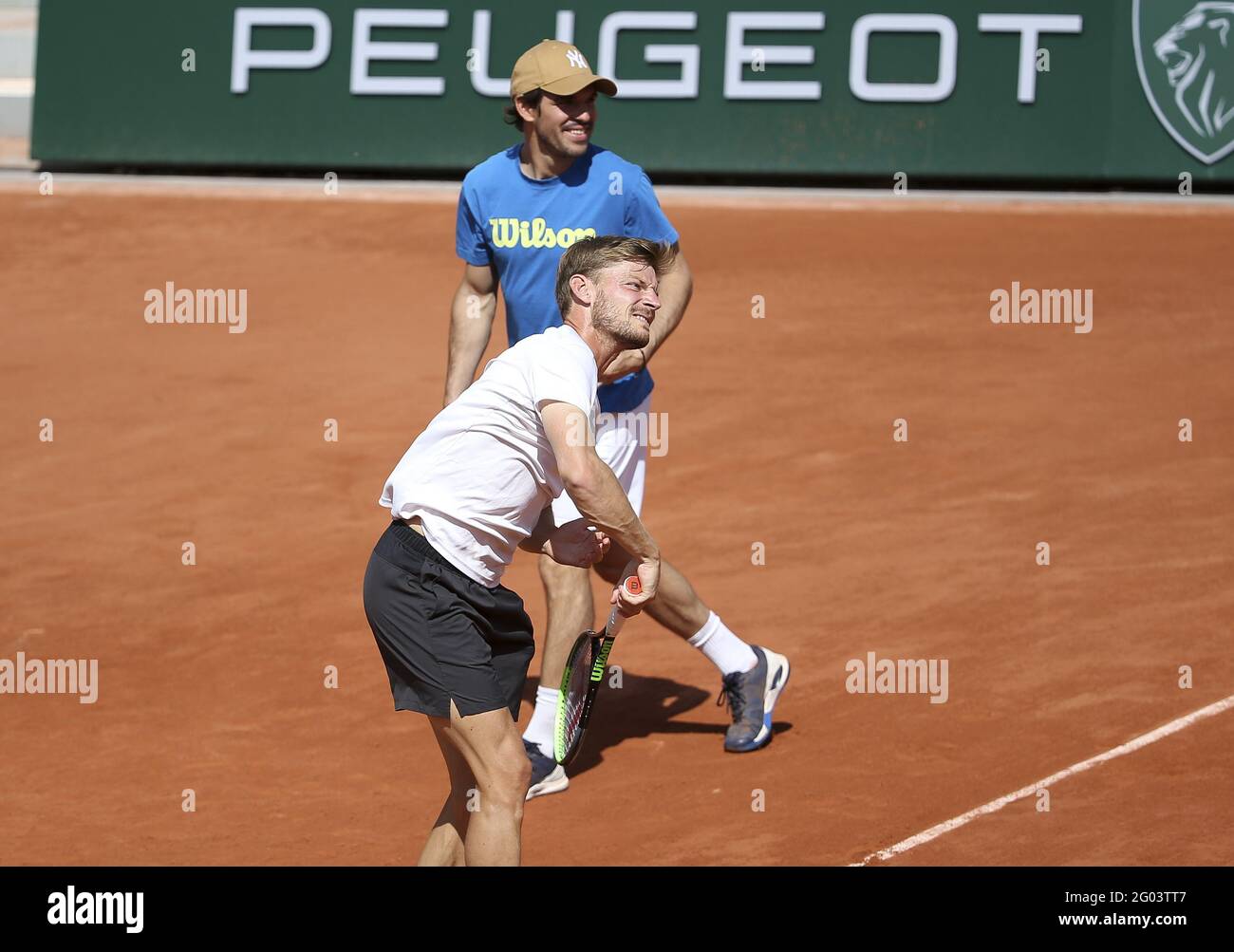 David Goffin of Belgium and his coach Germain Gigounon during practice  ahead of the French Open 2021, a Grand Slam tennis tournament at Roland- Garros stadium on May 29, 2021 in Paris, France -