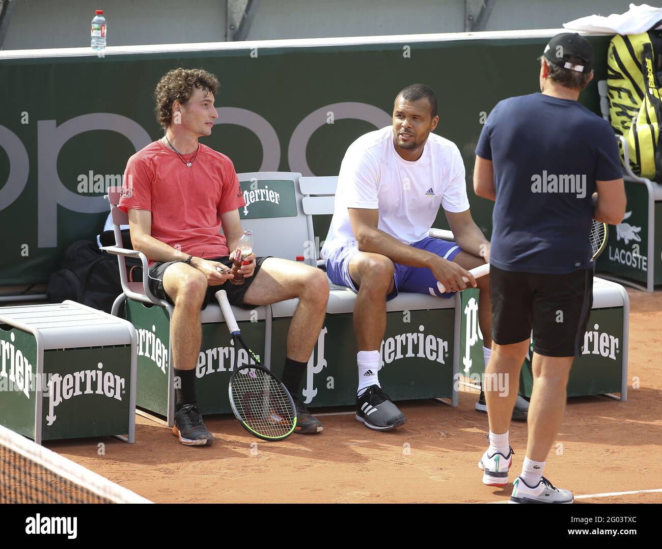 Ugo Humbert of France, Jo-Wilfried Tsonga of France during practice ahead  of the French Open 2021, a Grand Slam tennis tournament at Roland-Garros  stadium on May 29, 2021 in Paris, France -