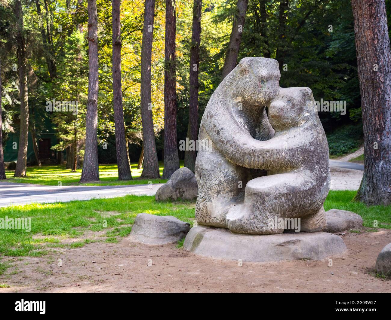 Monument of Bears hugging in the City Park in Gorlice, Poland, Europe. Gorlice legends Stock Photo