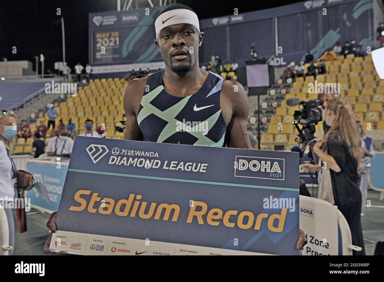 Rai Benjamin (USA) poses after winning the 400m hurdles in a stadium