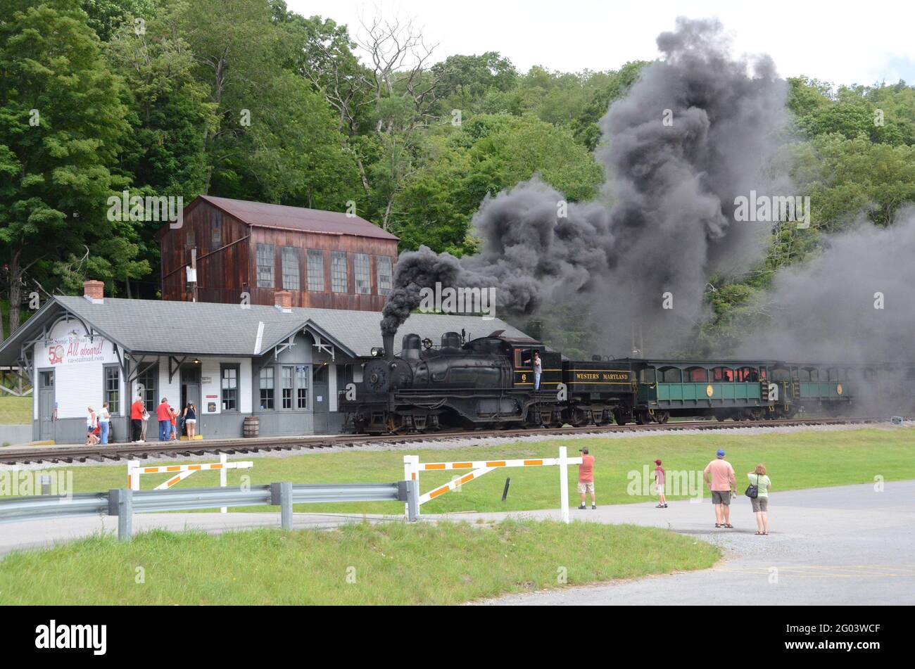 Cass Scenic Railroad steam locomotive arrives at the Cass Station Stock Photo