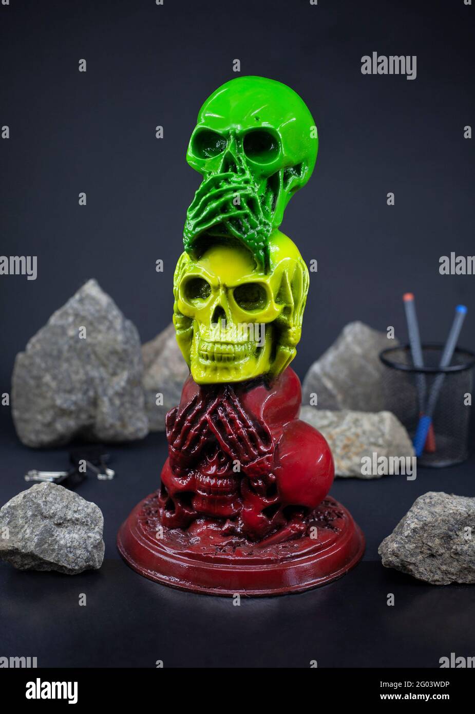 The statue of skulls no evil hear or see in rastaman colors Stock Photo ...