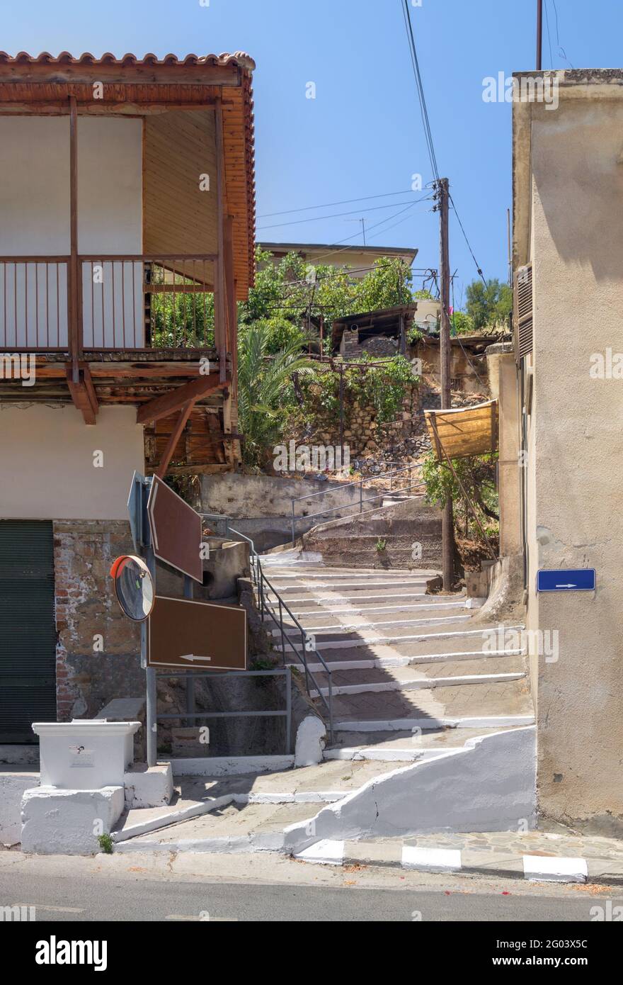 Staircase up between houses in Kalopanagiotis village. Cyprus. Stock Photo