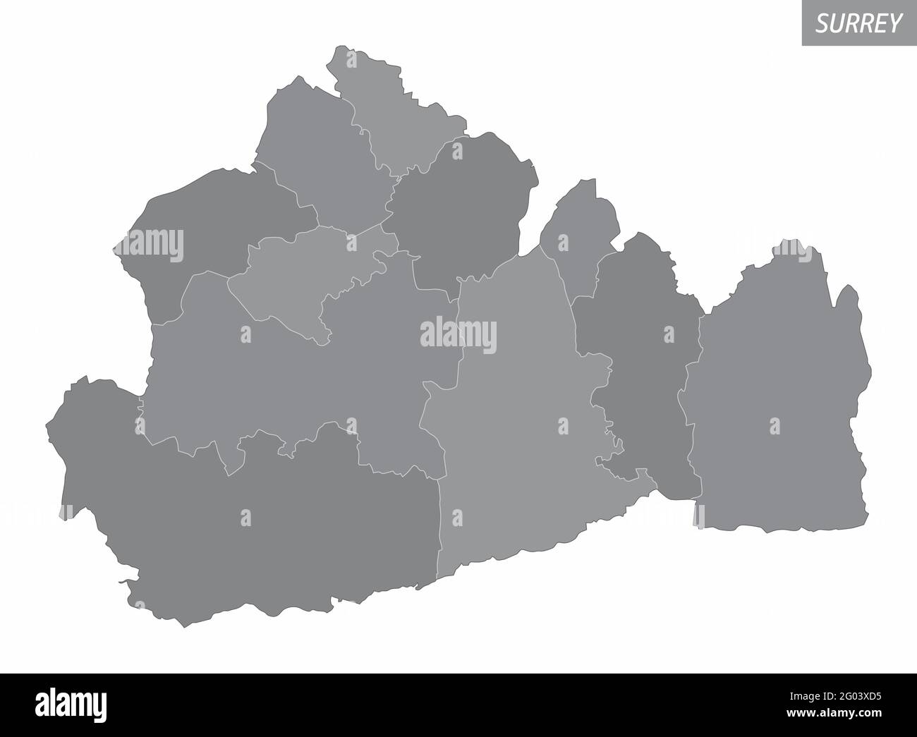 The Surrey County administrative map divided in grayscale and isolated on white background, England Stock Vector