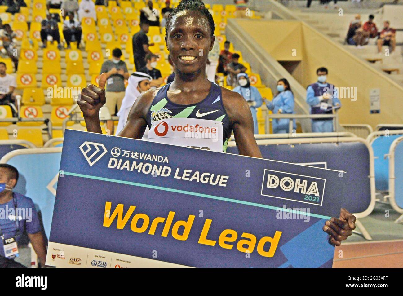 Norah Tanui (KEN) poses after winning the women's steepechase in 9:00.67 during the World Athletics Doha Diamond League meeting at Suhaim Bin Hamad St Stock Photo