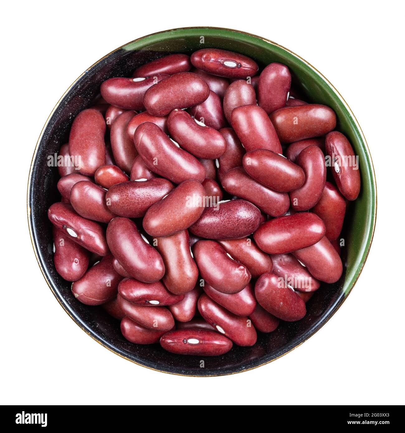 top view of raw kidney beans in round bowl isolated on white background
