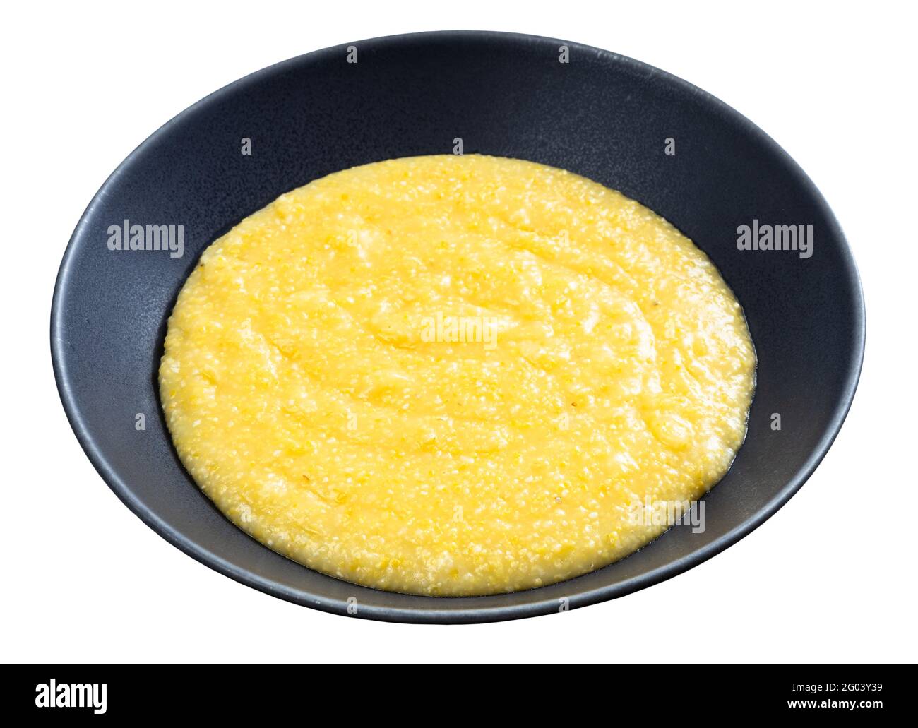 cooked cornmeal porridge in gray bowl isolated on white background Stock Photo
