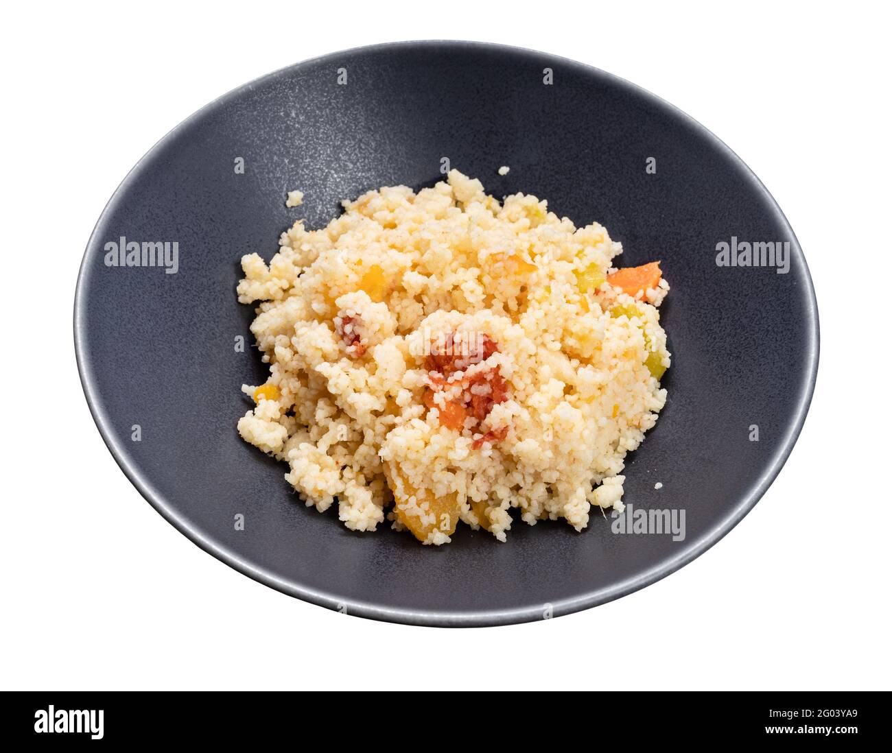 moroccan couscous cooked with vegetables in gray bowl isolated on white