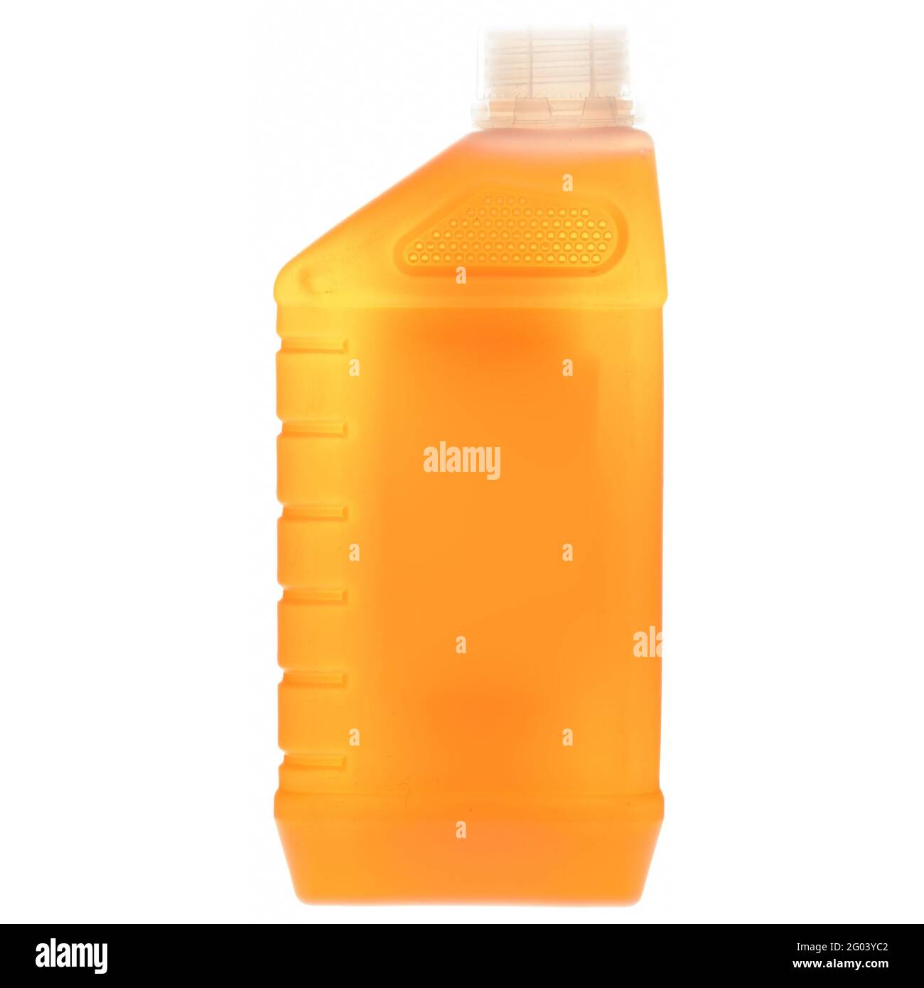 Rectangular plastic bottle with a bright orange liquid. White curly