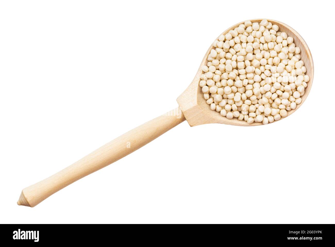 top view of israeli pearl couscous in wood spoon isolated on white background Stock Photo