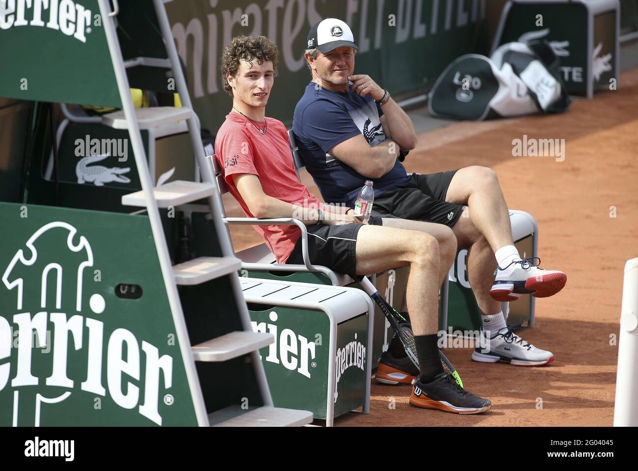 Ugo Humbert of France and his coach Nicolas Copin during practice ahead of  the French Open 2021, a Grand Slam tennis tournament at Roland-Garros  stadium on May 29, 2021 in Paris, France -