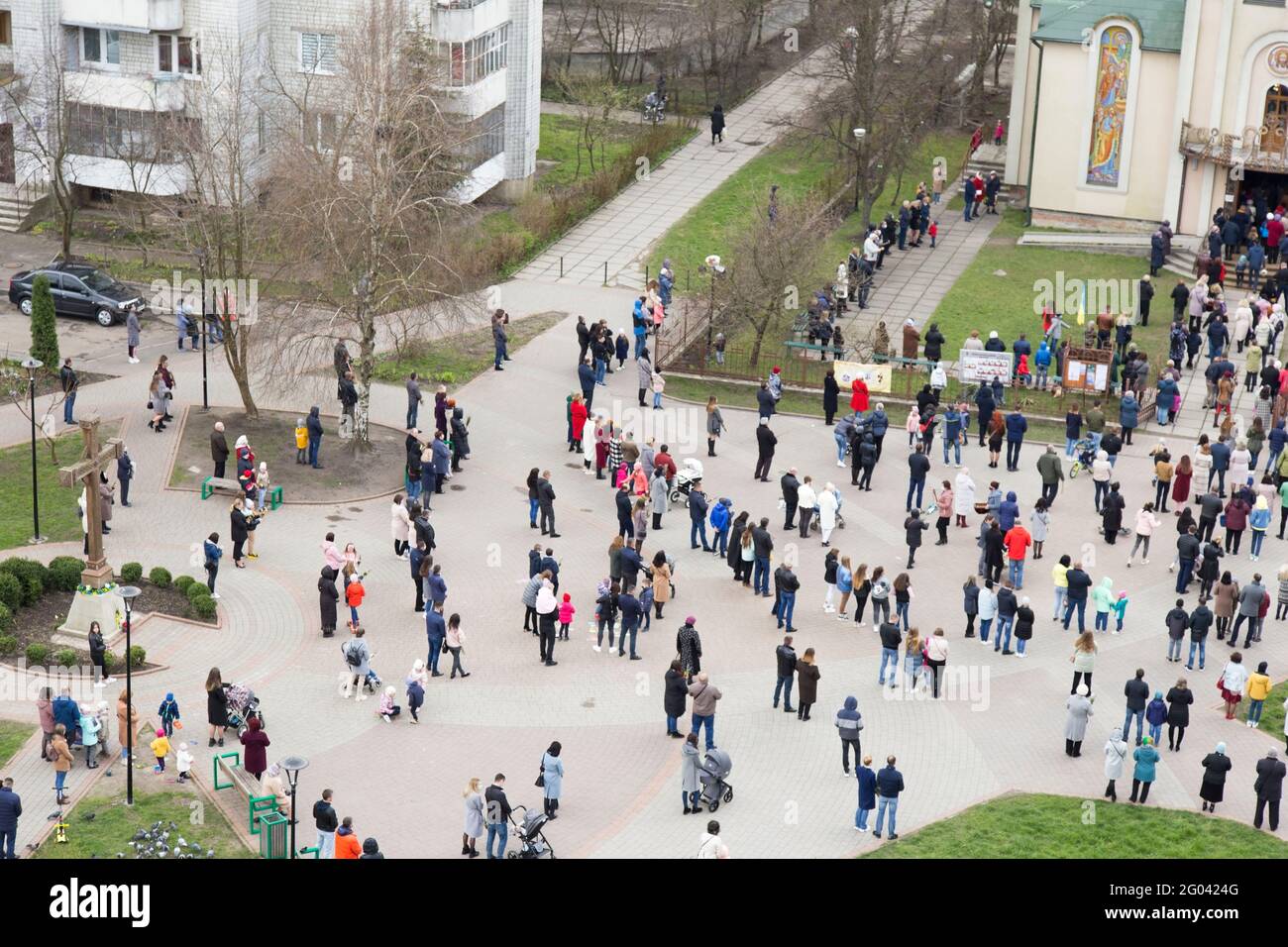Consecration of willow branches on Palm Sunday near the Cathedral of Lviv, April 21, 2021. View from above Stock Photo