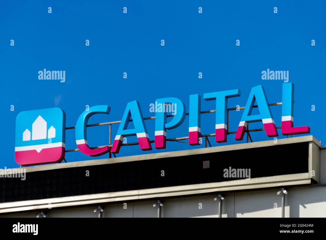 Vilnius, Lithuania May 30, 2021 Capital sign on real estate office building. Capital