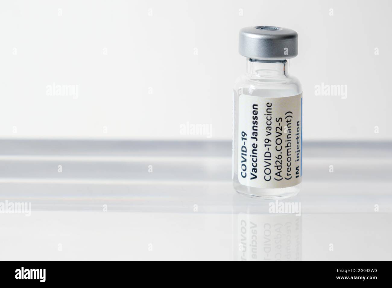 Montreal, CA - 31 May 2021: Vial of Janssen Covid-19 vaccine Stock Photo
