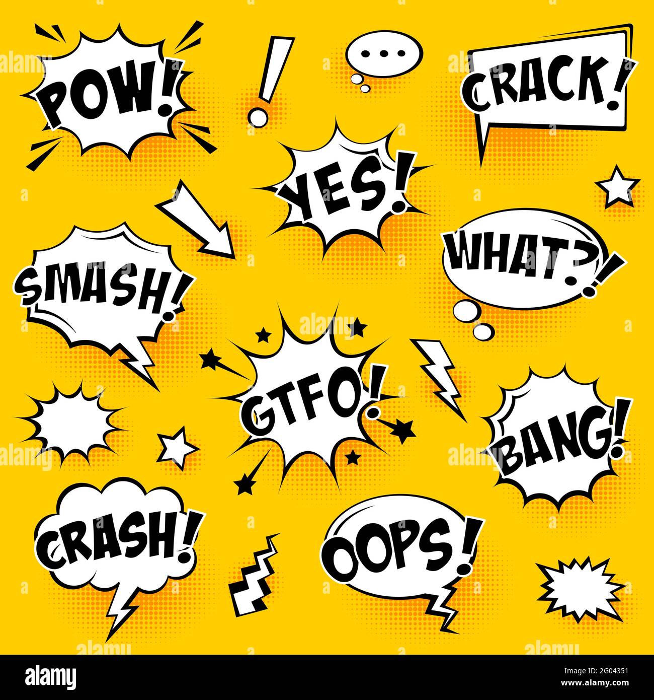 Comic speech bubbles with halftone shadows and text on yellow ...