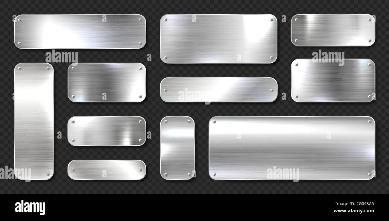 Realistic shiny metal banners set. Brushed steel plate with screws ...