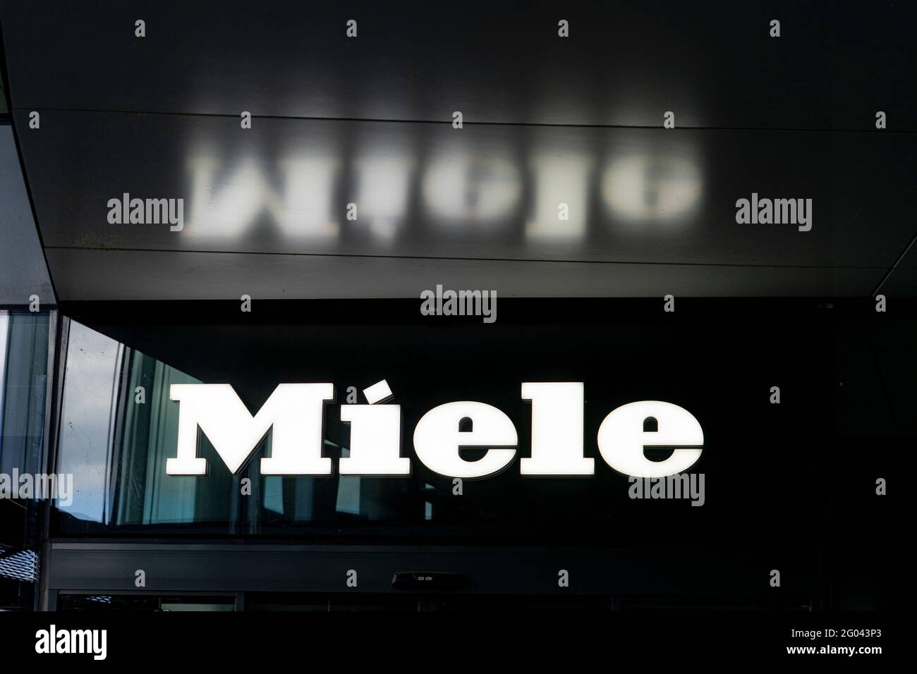 Vilnius, Lithuania - May 30, 2021: Miele brand logo on the building Stock Photo