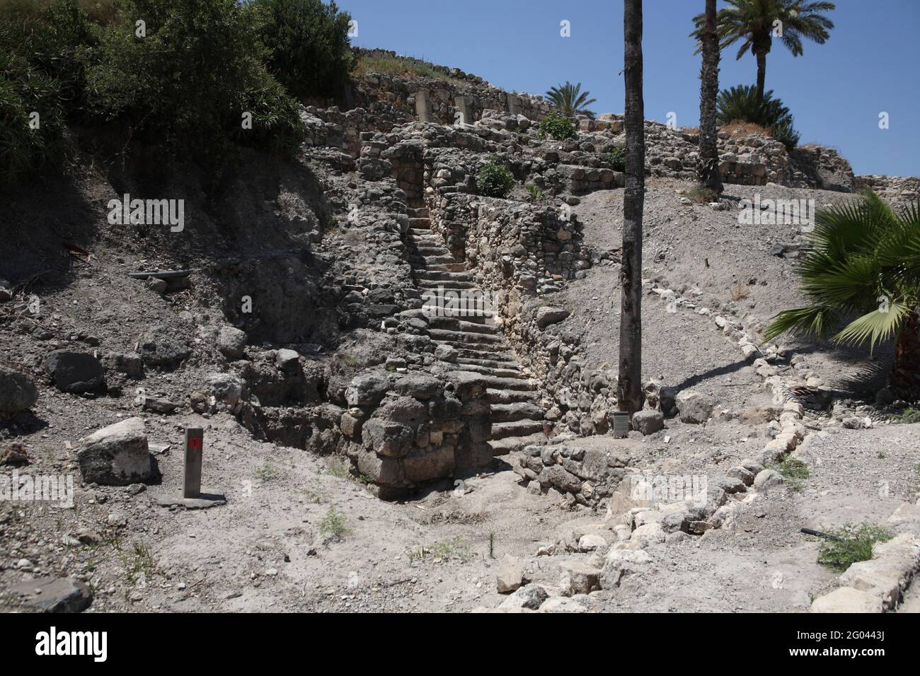 Tel Megiddo or Armageddon, Impressive staircase going down from the Israelite gate to a plastered pool or Reservoir, the source of water is not known Stock Photo