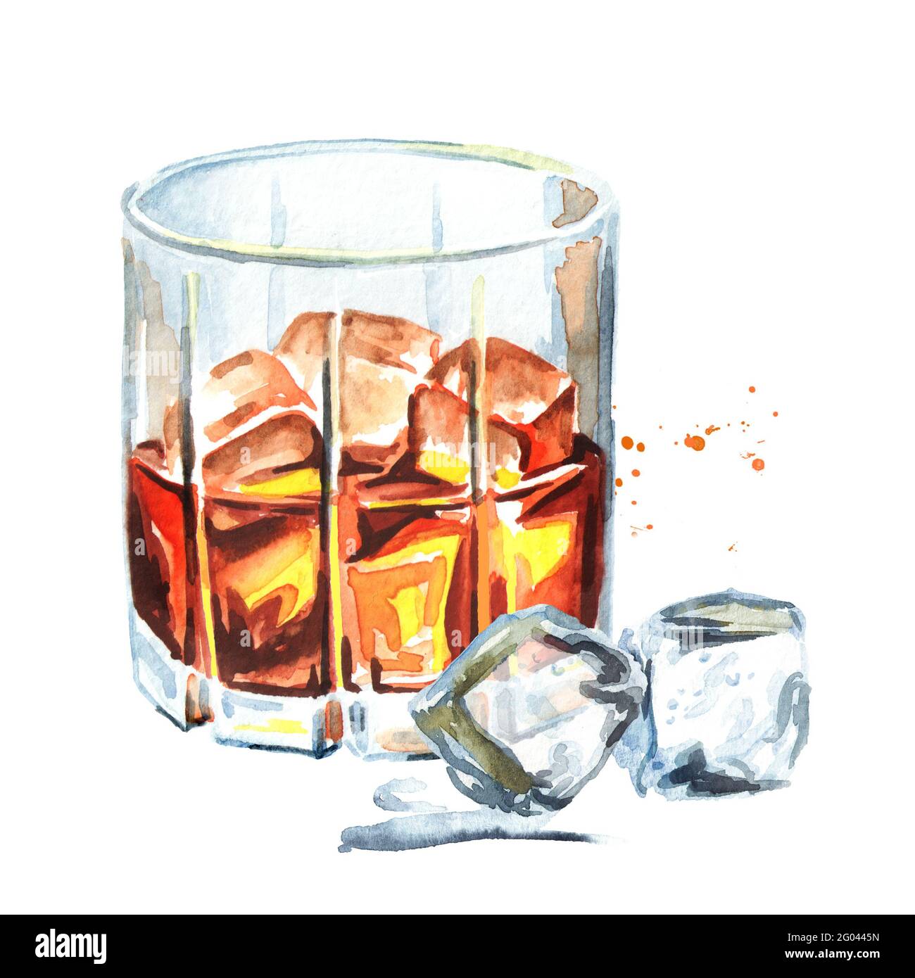 Glass filled with half alcoholic drink whiskey or brandy or cognac and