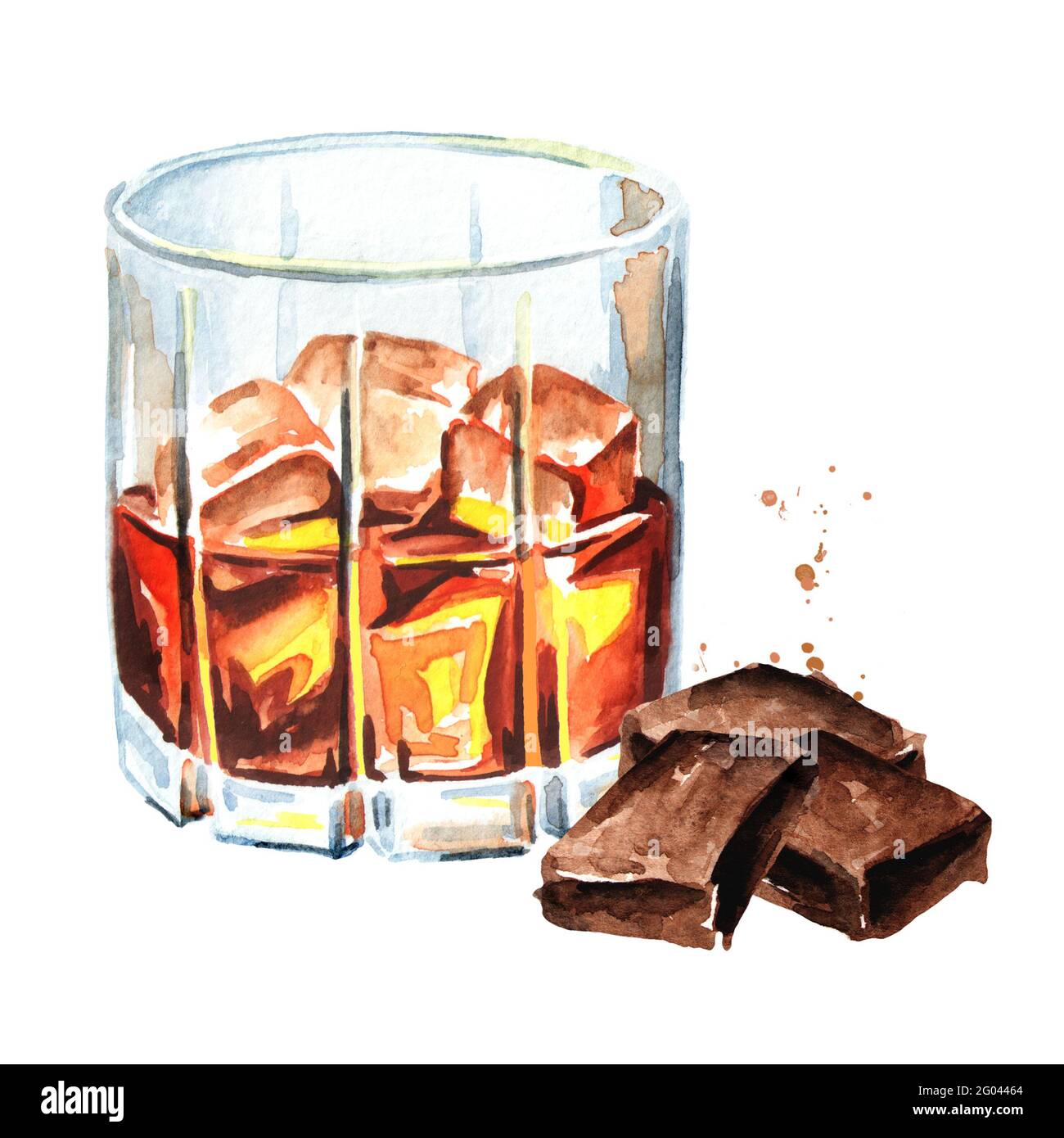 Glass filled with half alcoholic drink whiskey or brandy or cognac and