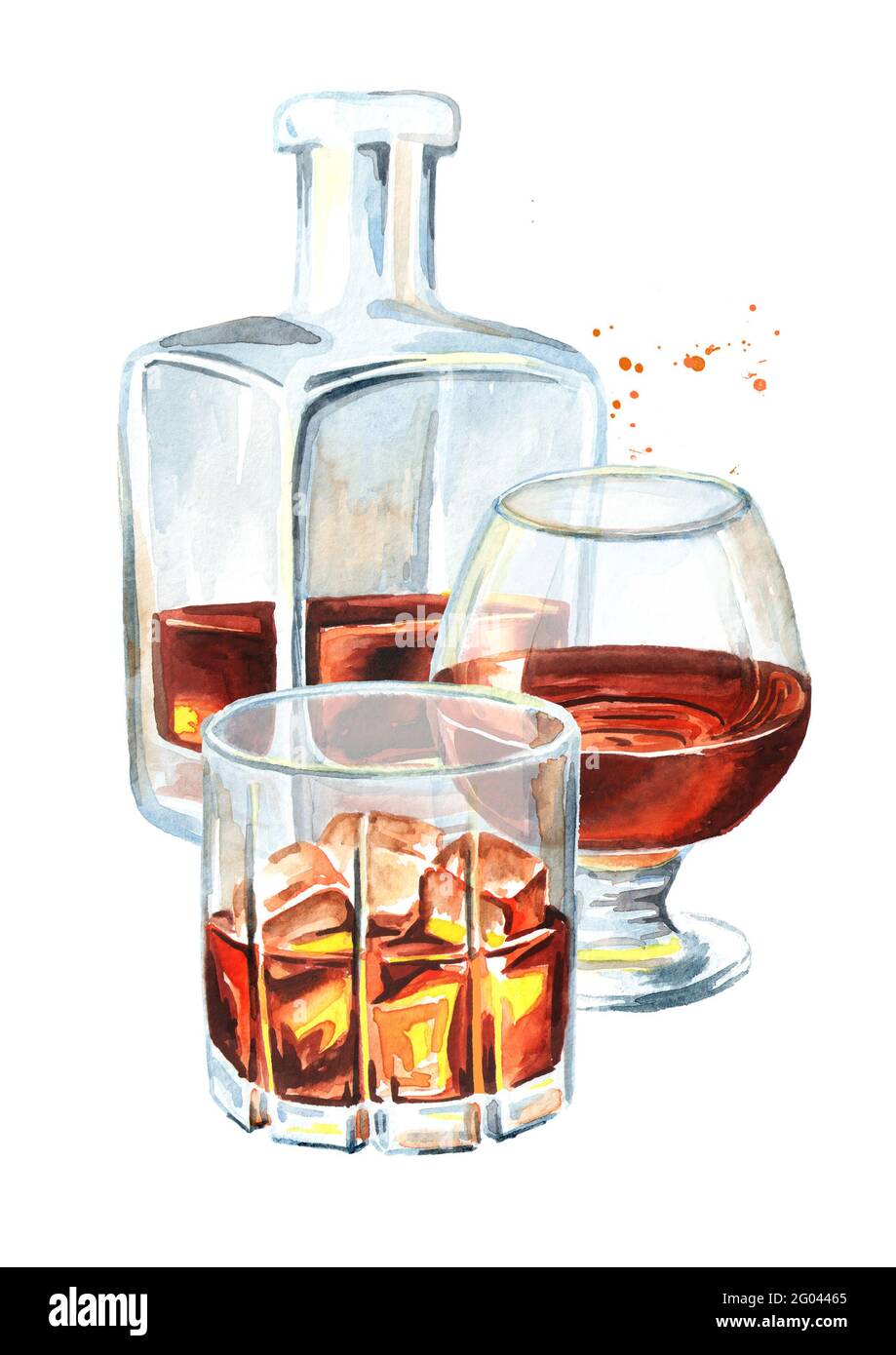 Bottle and glasses filled with half alcoholic drink whiskey or brandy or  cognac. Watercolor hand drawn illustration, isolated on white background  Stock Photo - Alamy