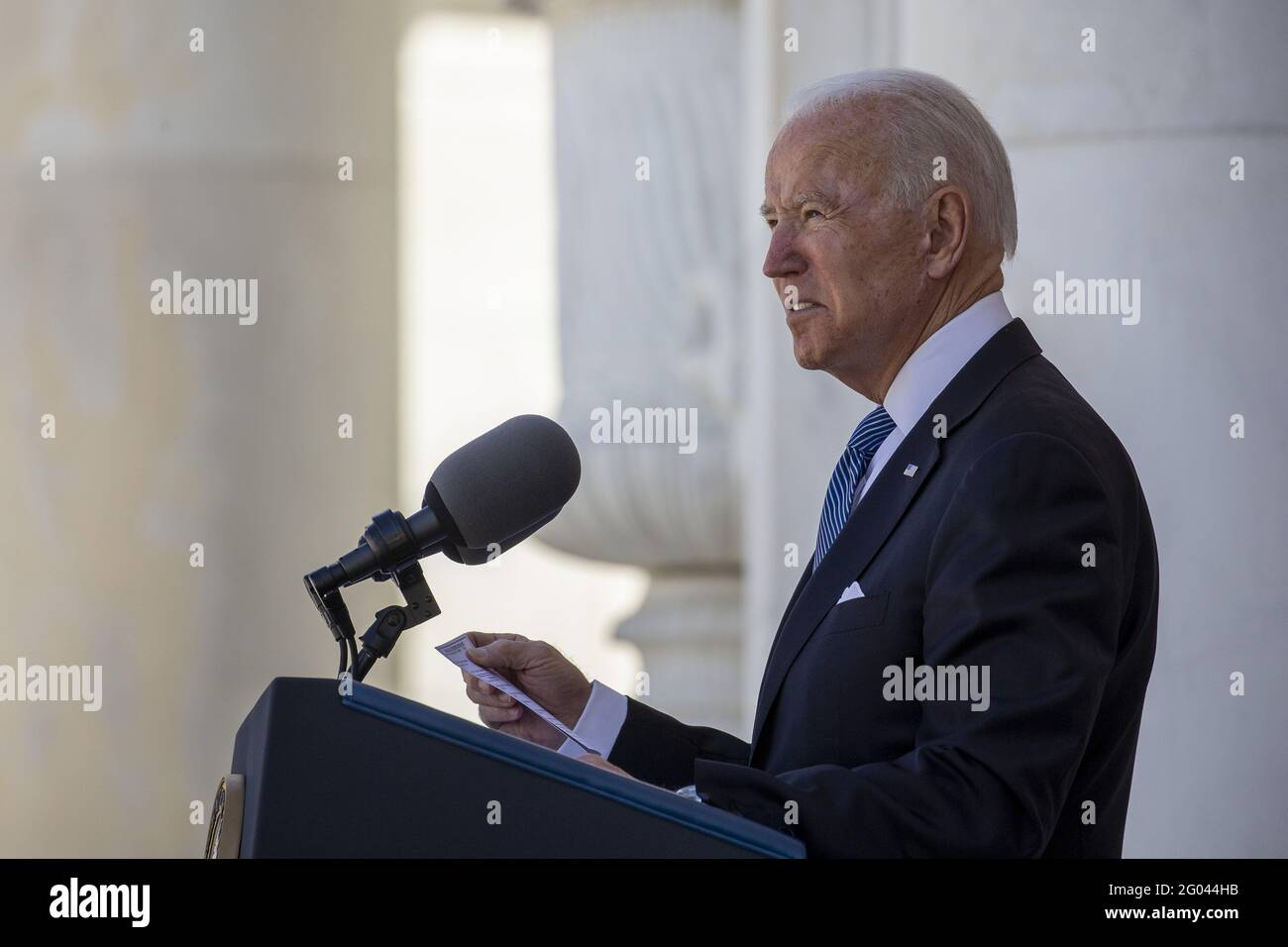 Arlington, United States. 31st May, 2021. President Joe Biden speaks at the153rd National Memorial Day Observance Arlington National Cemetery in Arlington, Virginia on Monday, May 31, 2021. President Biden also laid a wreath at the Tomb of the Unknown Solider before speaking. Photo by Tasos Katopodis/UPI Credit: UPI/Alamy Live News Stock Photo