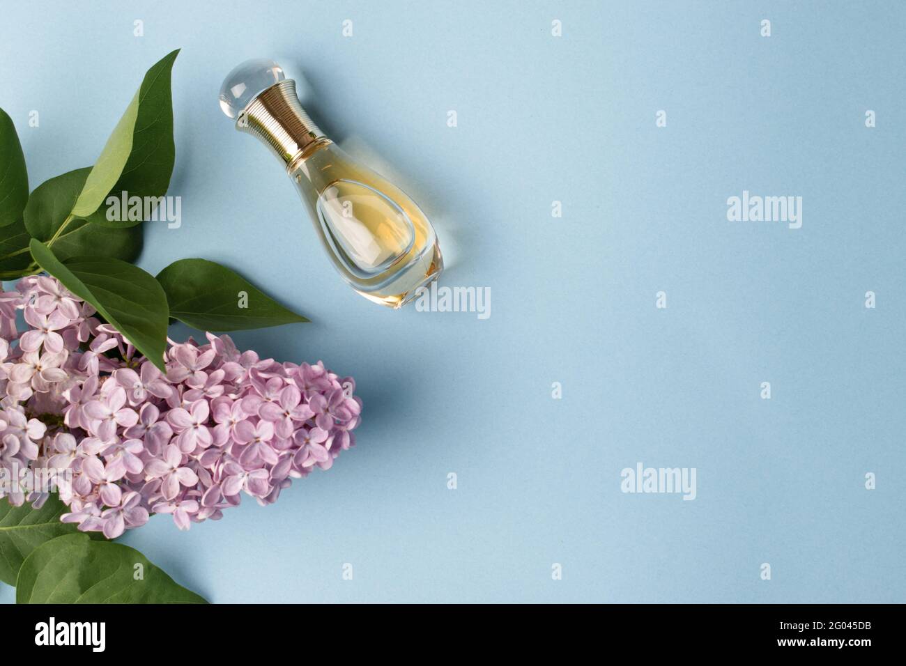 YEREVAN, ARMENIA - May 30, 2021: Dior perfume on the light blue background with flowers and leaves. Beautiful design and feminine fragrance for women. Stock Photo