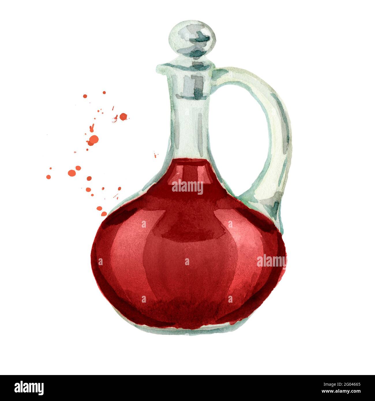 Jar with red wine vinegar. Watercolor hand drawn illustration, isolated