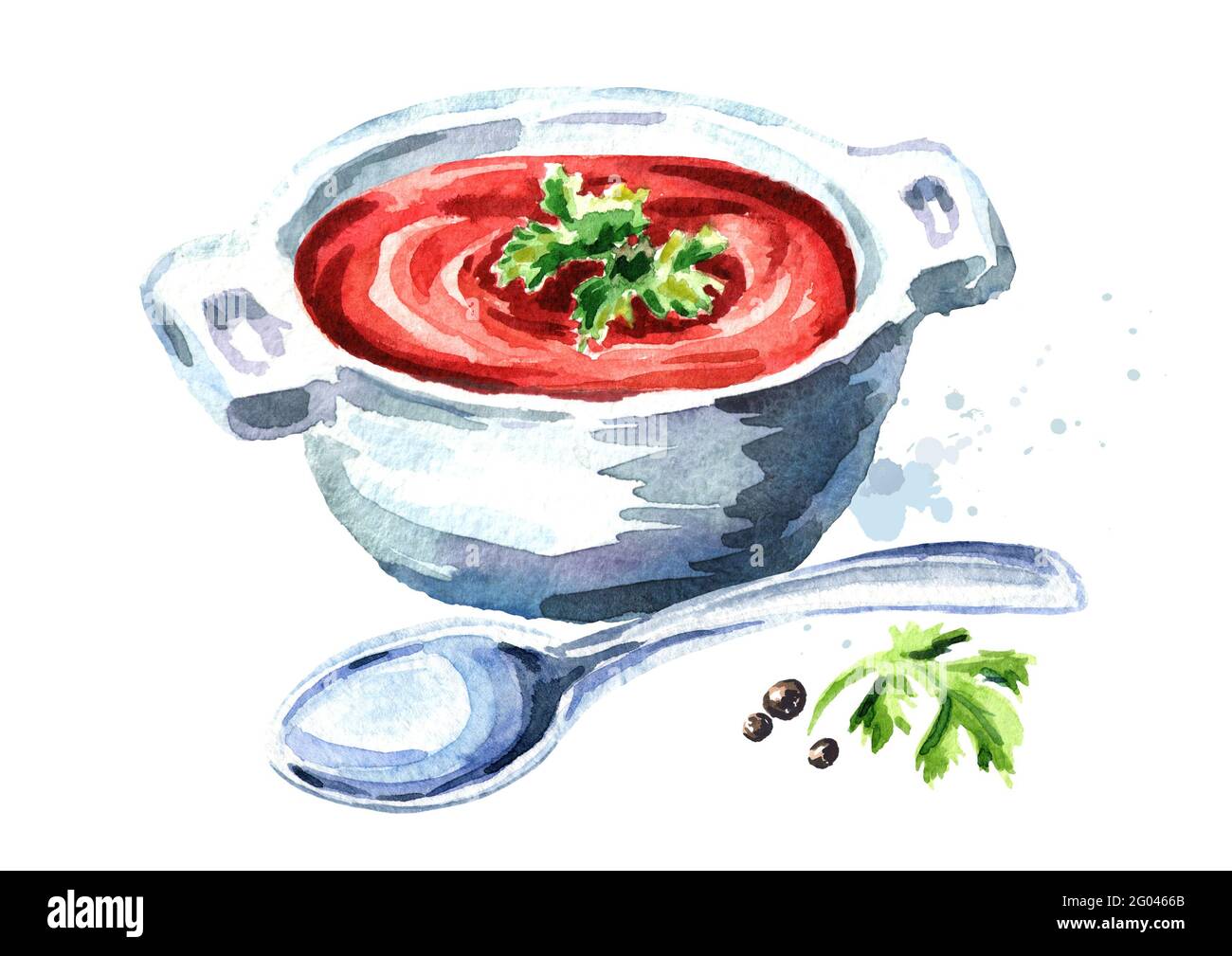 Gazpacho tomato soup. Watercolor hand drawn illustration, isolated on