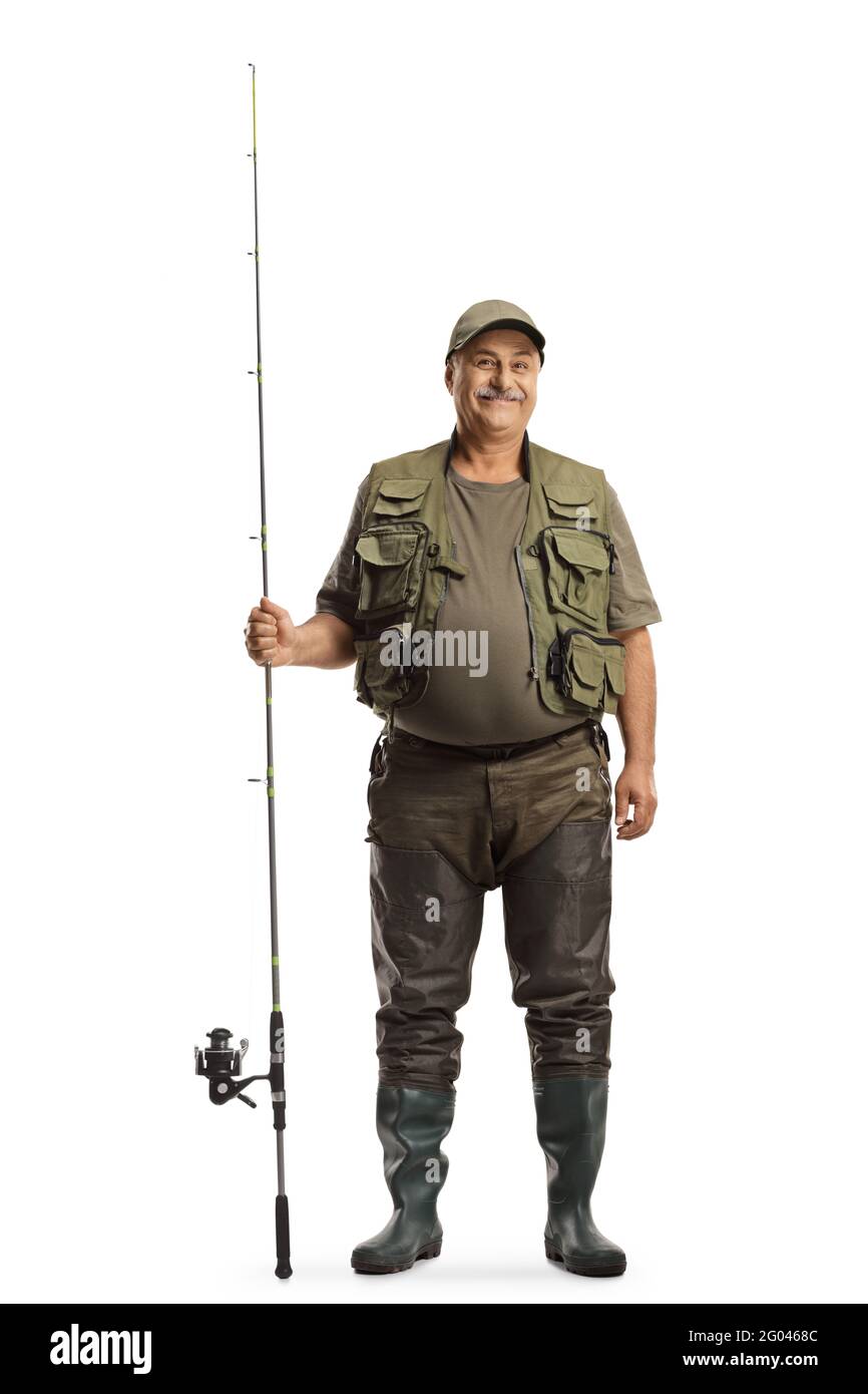 Full length portrait of a mature fisherman in a uniform standing with a fishing  rod isolated on white background Stock Photo - Alamy