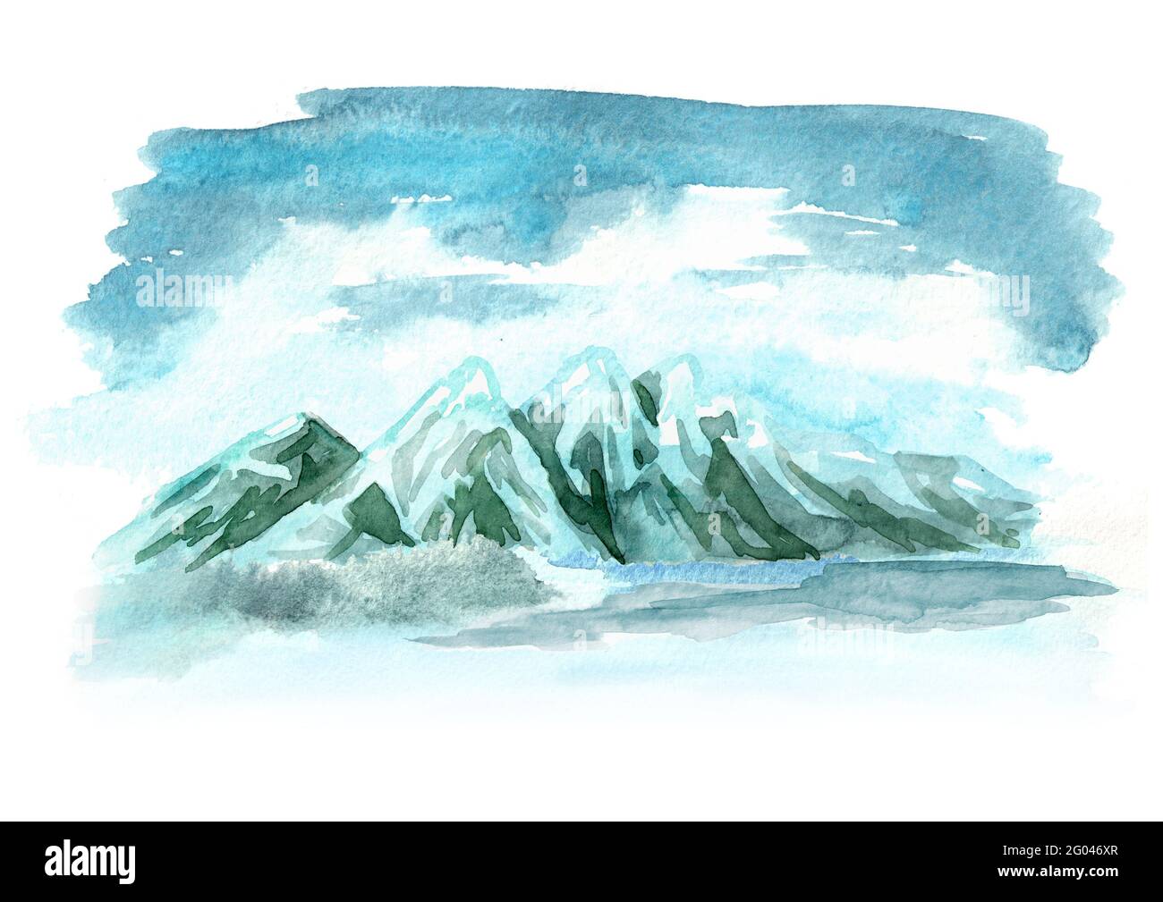 Landscape with snowy mountains. Watercolor hand drawn illustration ...
