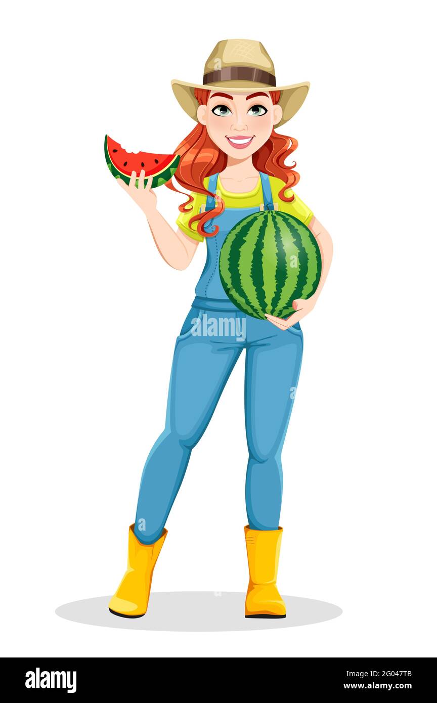 Beautiful woman farmer holding tasty watermelon. Cute girl farmer cartoon  character. Stock vector illustration on white background Stock Vector Image  & Art - Alamy
