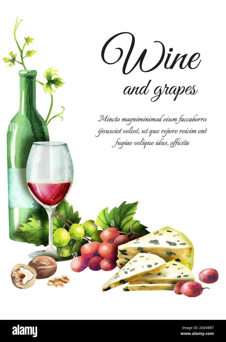 Wine and grapes template. Watercolor background