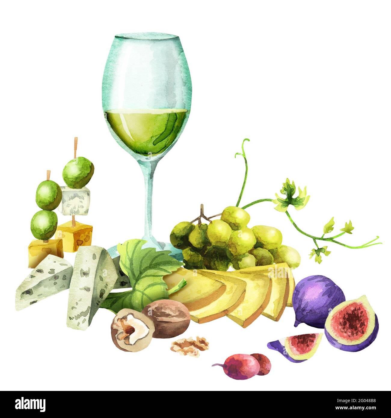 Snacks and white wine. Watercolor Stock Photo - Alamy