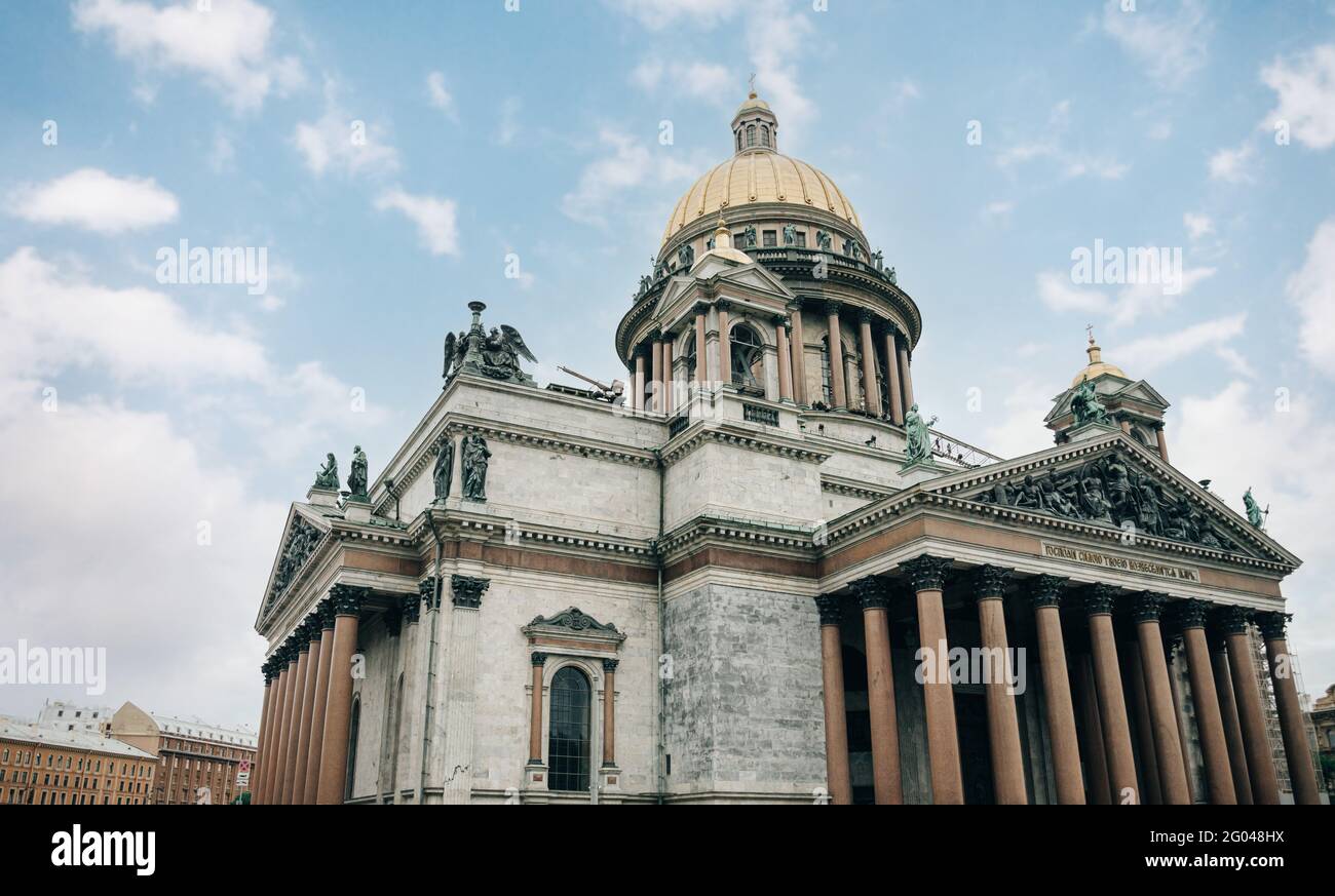 Saint-Petersburg, Russia, 12 August 2020: St. Isaac's Cathedral with blue sky. Stock Photo