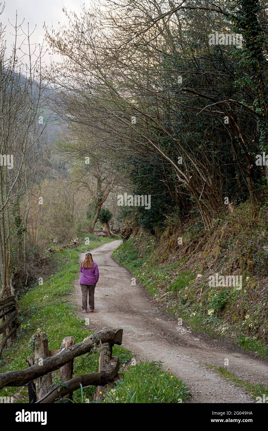 Woman walking along a path in a council of Asturias, Spain.The photograph is taken on a cloudy day and is taken in vertical format. Stock Photo