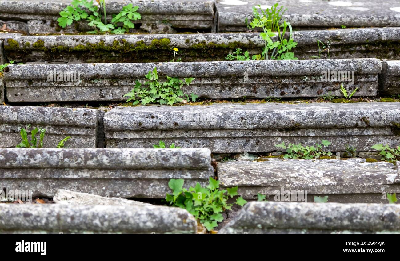 Close. The ancient stairs cracked in half. stone stairs. Covered with grass. Stock Photo