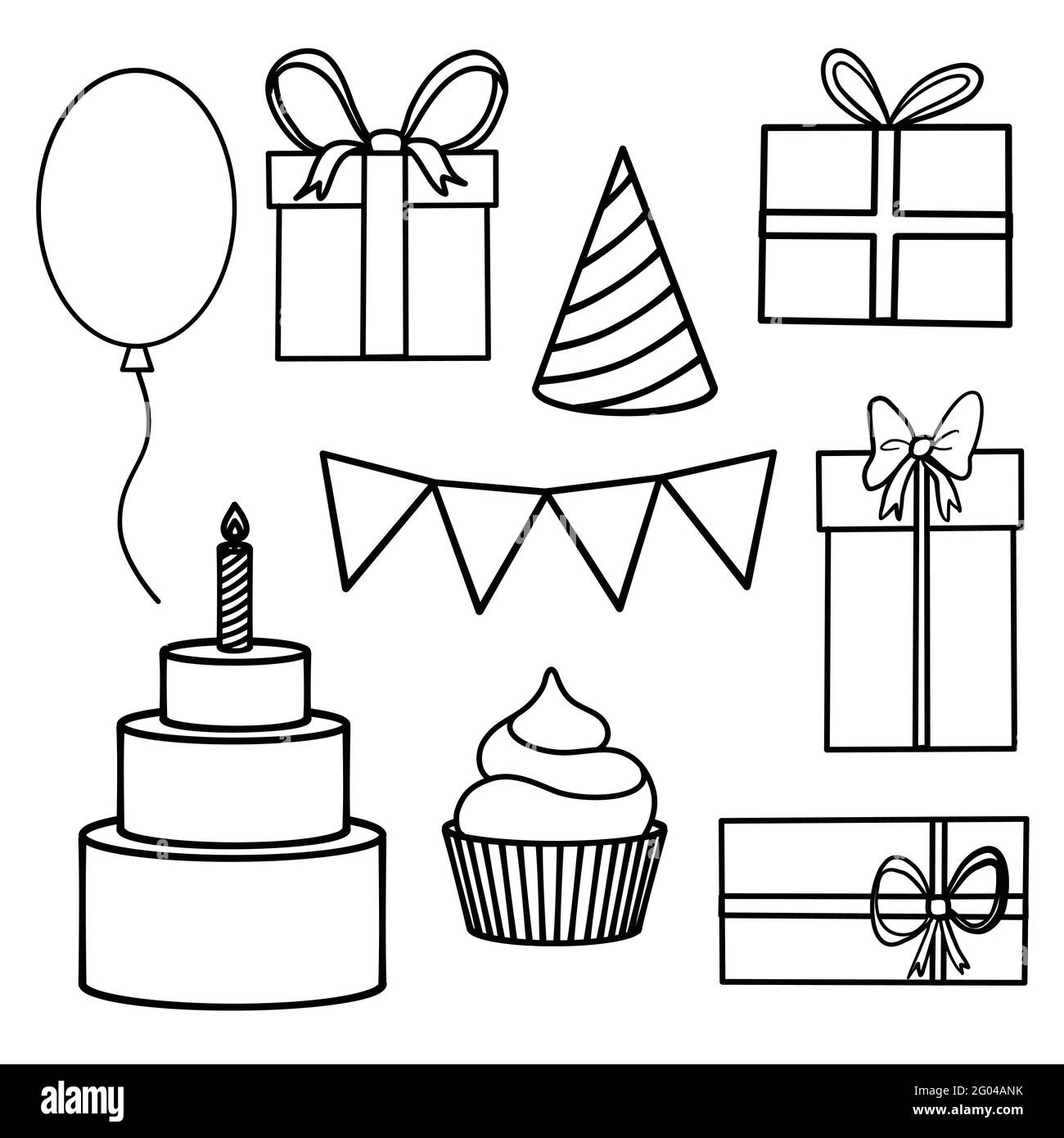 Set of birthday party design elements. Colorful balloons, flags, cupcakes, gifts, candles. Vector illustration Stock Vector