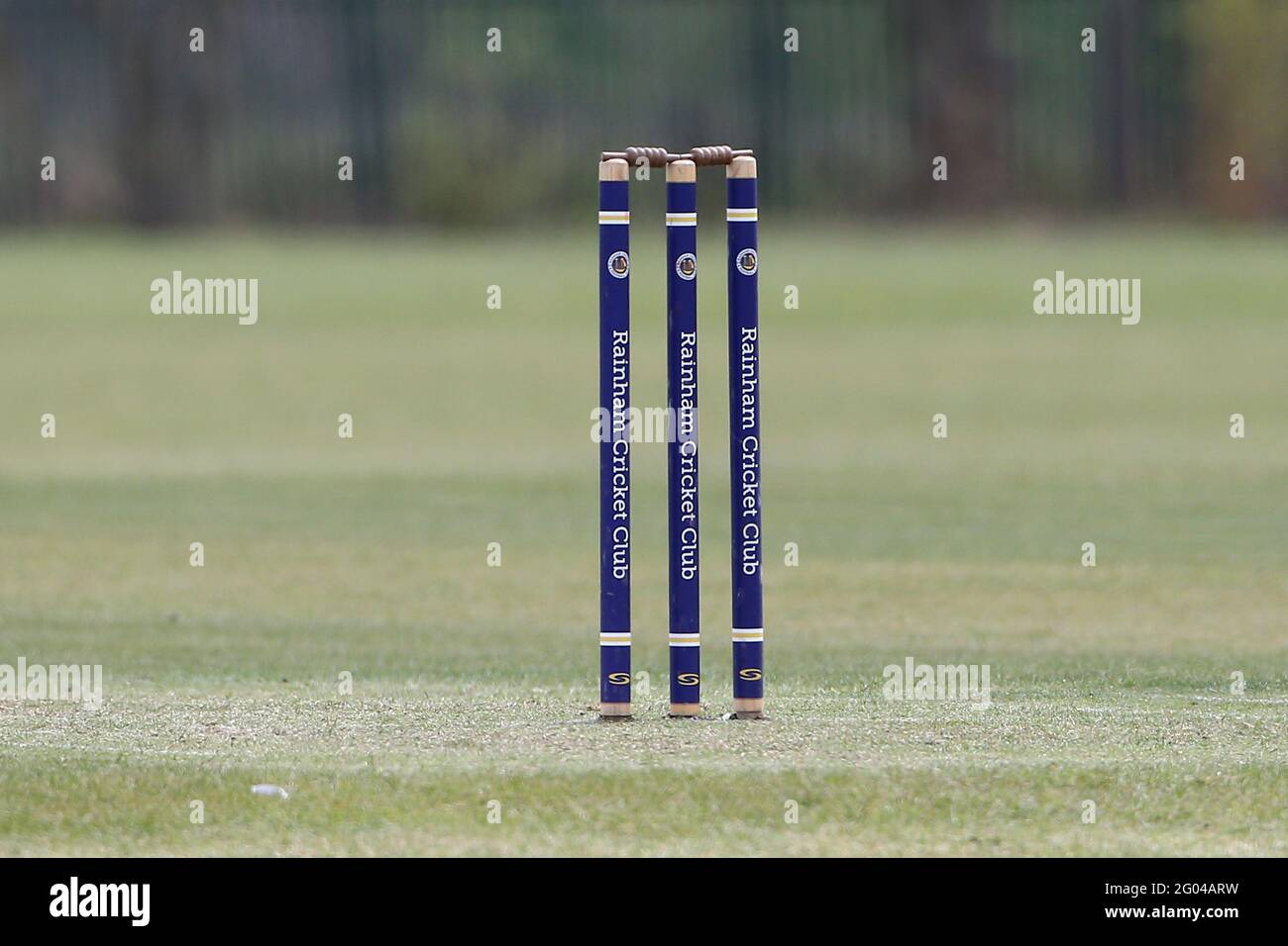 The stumps during Rainham CC (batting) vs South Woodford CC, Hamro Foundation Essex League Cricket at Spring Farm Park on 1st May 2021 Stock Photo