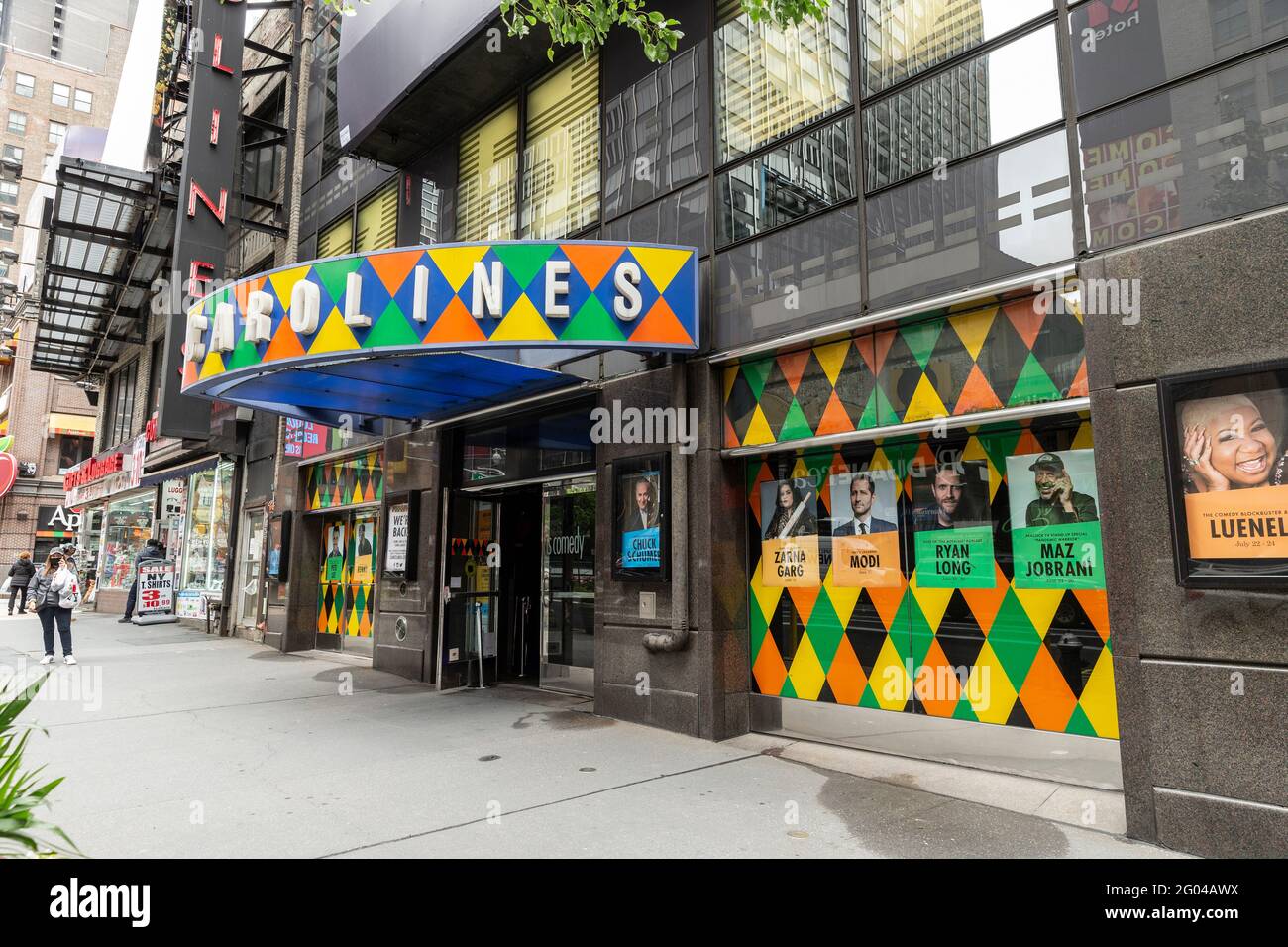 New York, NY - May 31, 2021: View of exterior of Carolines on Broadway comedy club during re-opening after pandemic ceremony Stock Photo