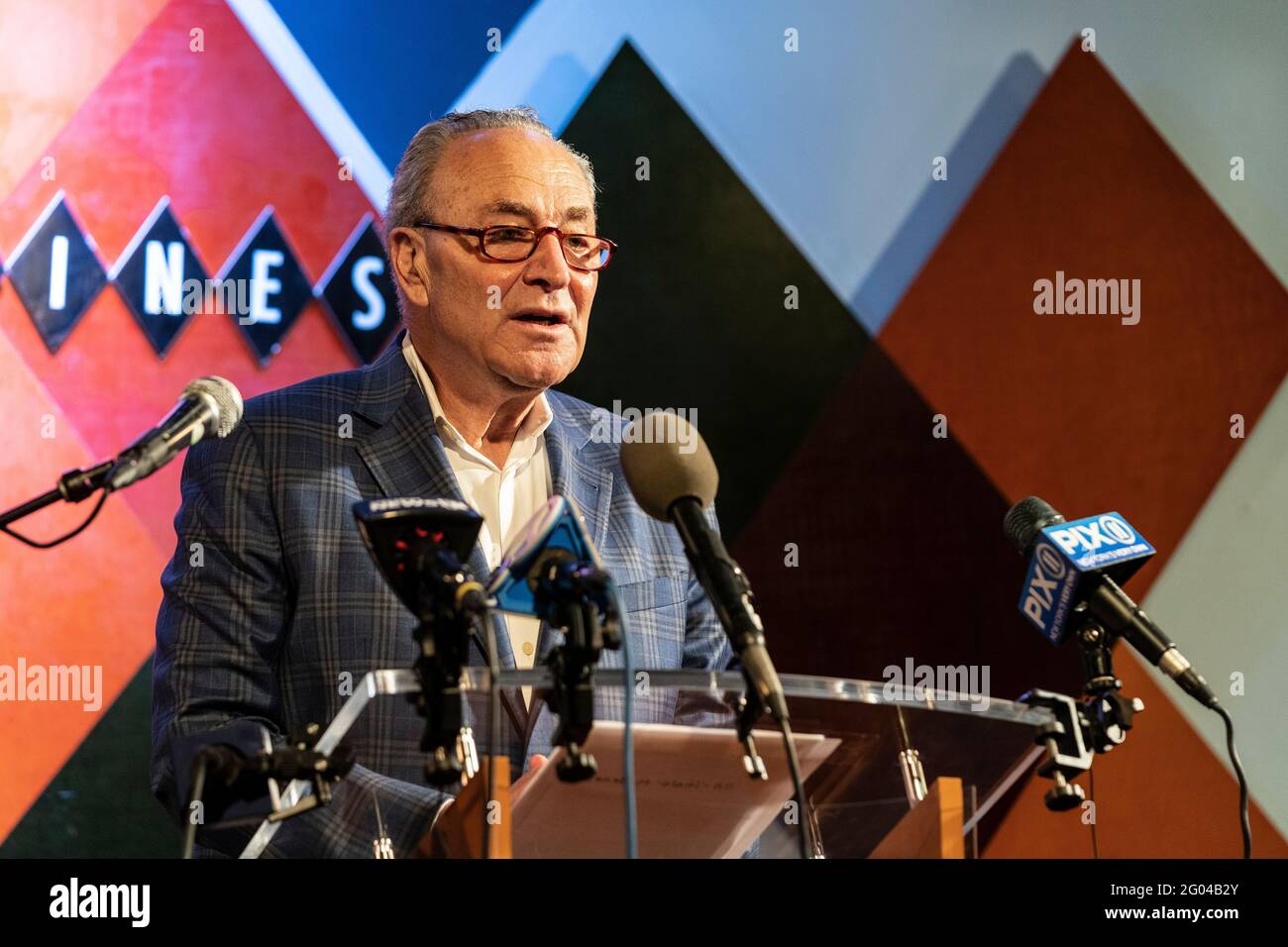 New York, NY - May 31, 2021: U. S. Senator Charles Schumer speaks at Carolines on Broadway comedy club re-opening after pandemic ceremony Stock Photo