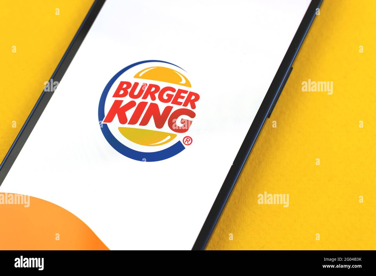 Kharkov, Ukraine - May 28, 2021: Burger King app on the screen Apple iPhone 12 mobile phone Stock Photo