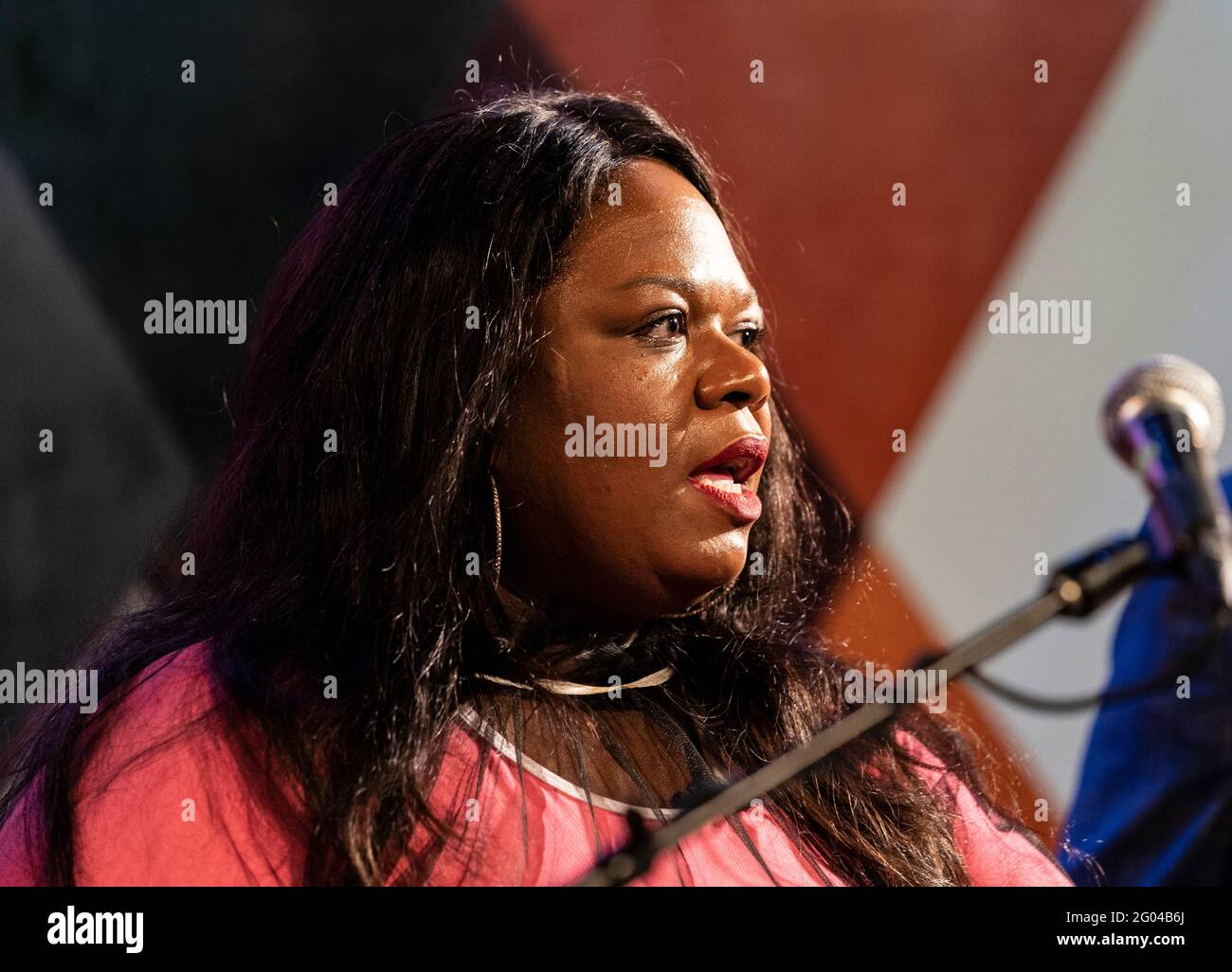 New York, NY - May 31, 2021: Comedian Yamaneika Saunders speaks at Carolines on Broadway comedy club re-opening after pandemic ceremony Stock Photo