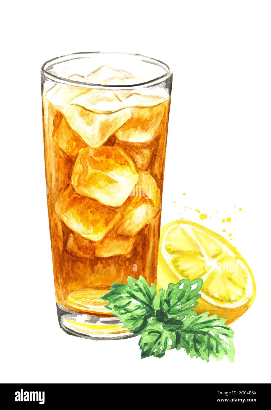 Glass of ice tea with lemon and mint leaf. Watercolor hand drawn ...