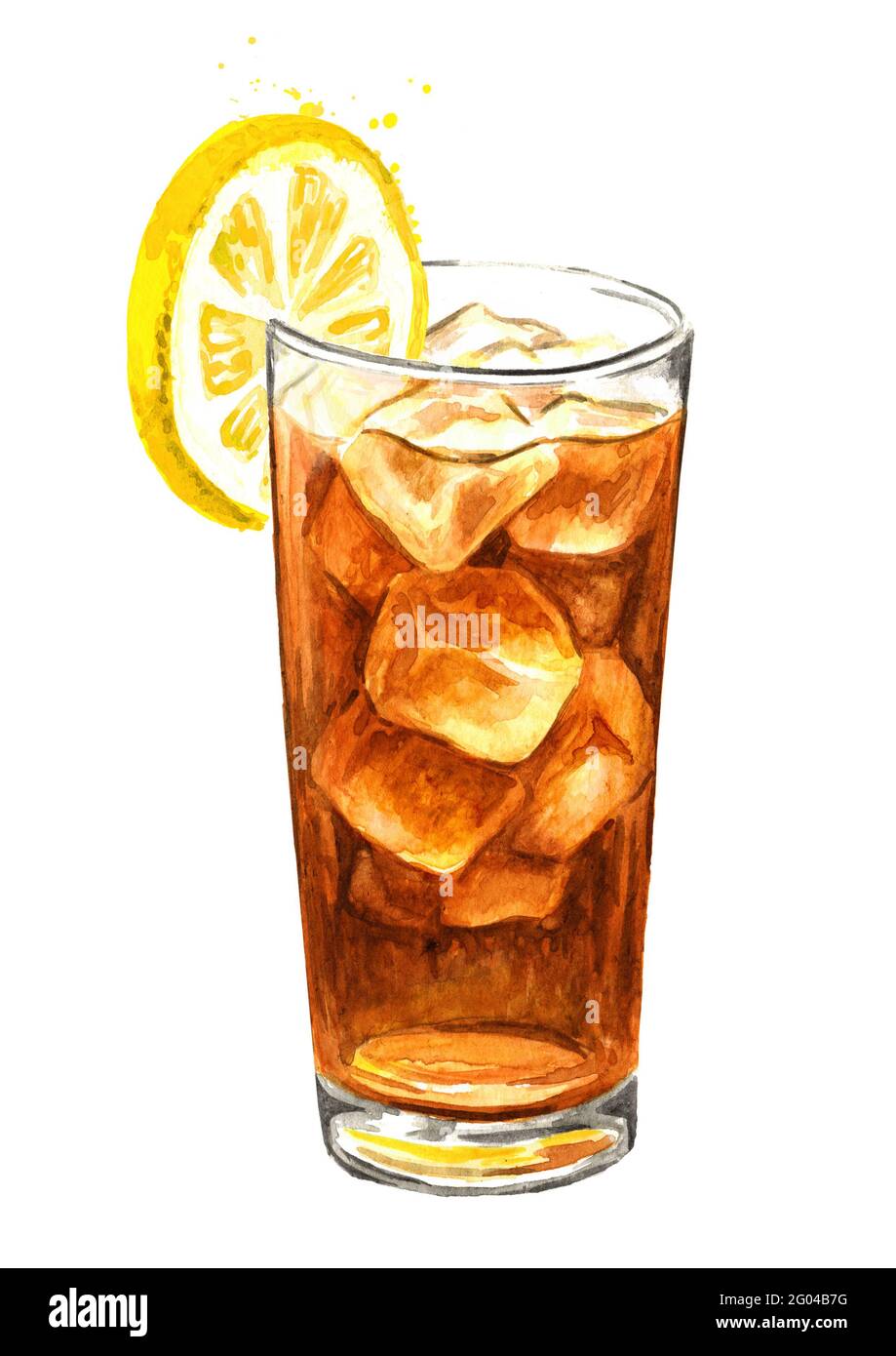 Glass of ice tea with slice of lemon. Watercolor hand drawn