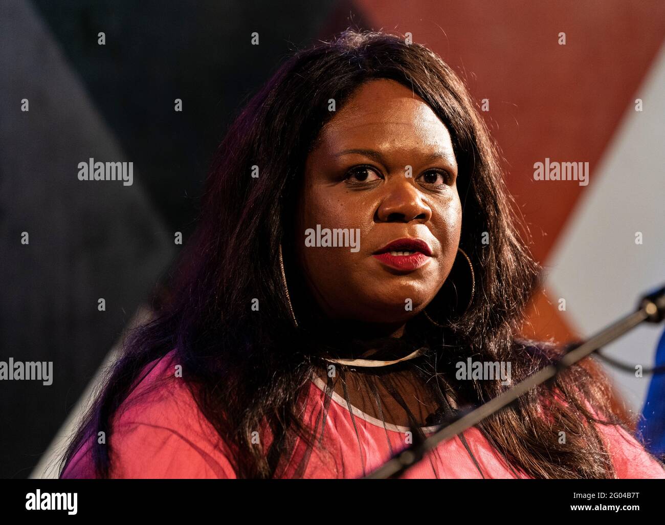 New York, NY - May 31, 2021: Comedian Yamaneika Saunders speaks at Carolines on Broadway comedy club re-opening after pandemic ceremony Stock Photo